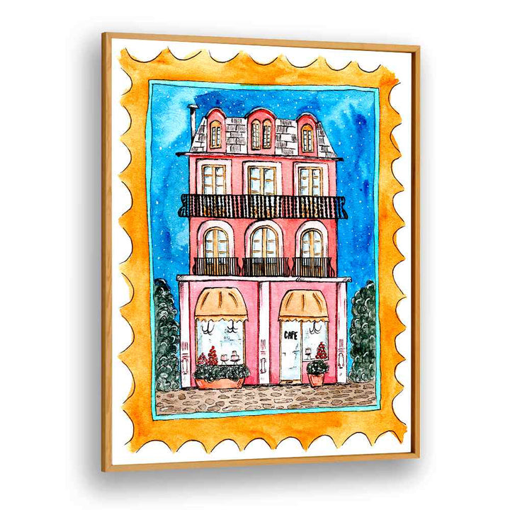 Vibrant illustration of a cafe building, showcasing the charm of CAFE MID NIGHT, BAR & CAFE ART collection.
