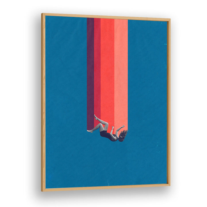 Surreal art print "FALLING LOVE" features a figure descending into vibrant colors, perfect for modern decor.