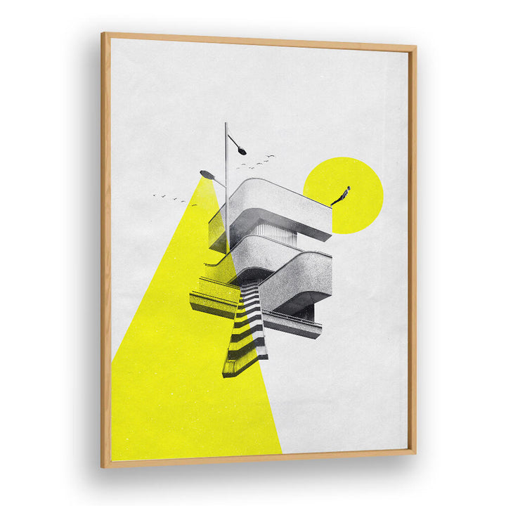 Surreal art print titled "FIRST STEP," featuring a geometric structure with vibrant yellow accents. Perfect for modern decor.