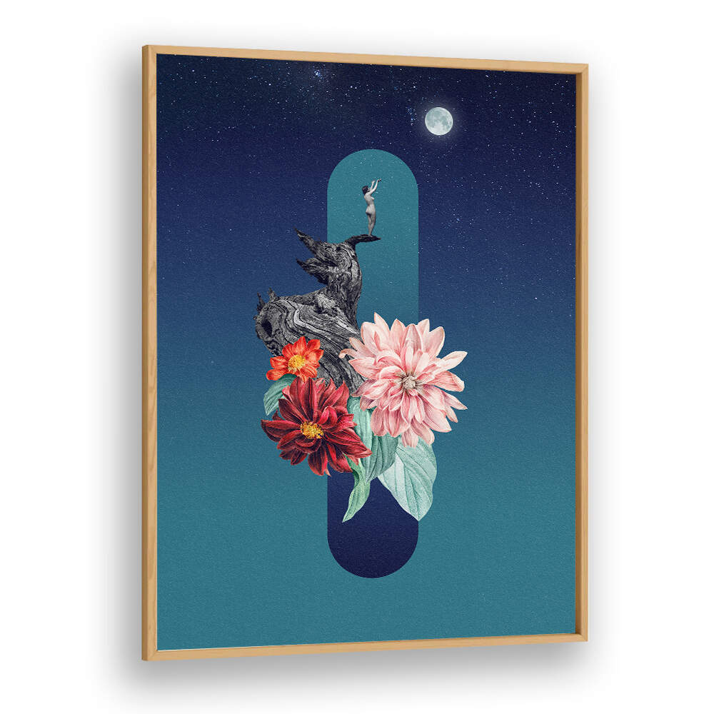 Surreal art print featuring a full moon, flowers, and a whimsical scene from OAKWOODPLAIN. Perfect for unique decor.