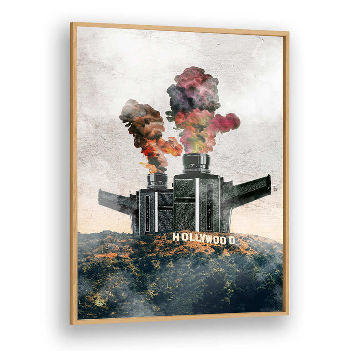 Surreal art print featuring a unique Hollywood scene with colorful smoke, perfect for art lovers. HOLLYWOOD, SURREAL ART PRINTS.