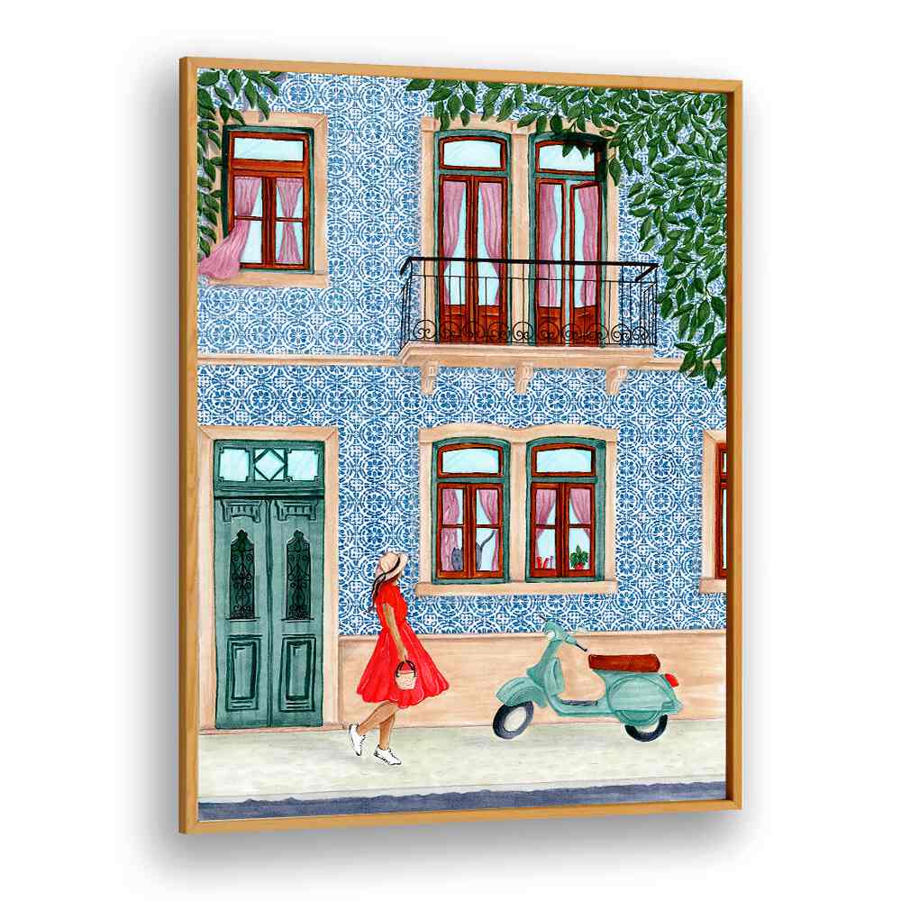 Vibrant LADY WITH SCOOTER, BAR art showcasing elegance and freedom, perfect for enhancing any cafe ambiance.