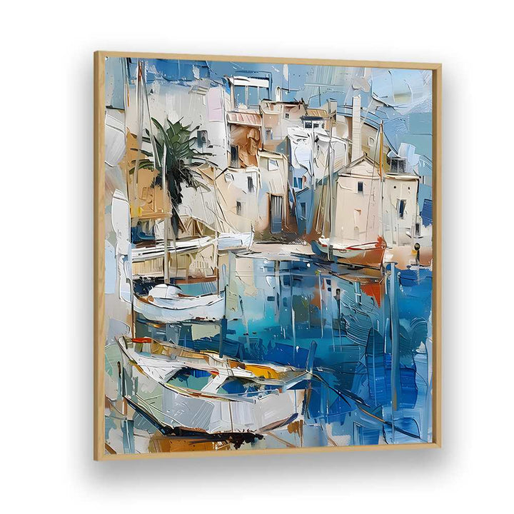 Colorful artwork, BOATS IN THE HARBOR MALLORCATHERAPY II, showcasing serene harbor life and vibrant reflections.