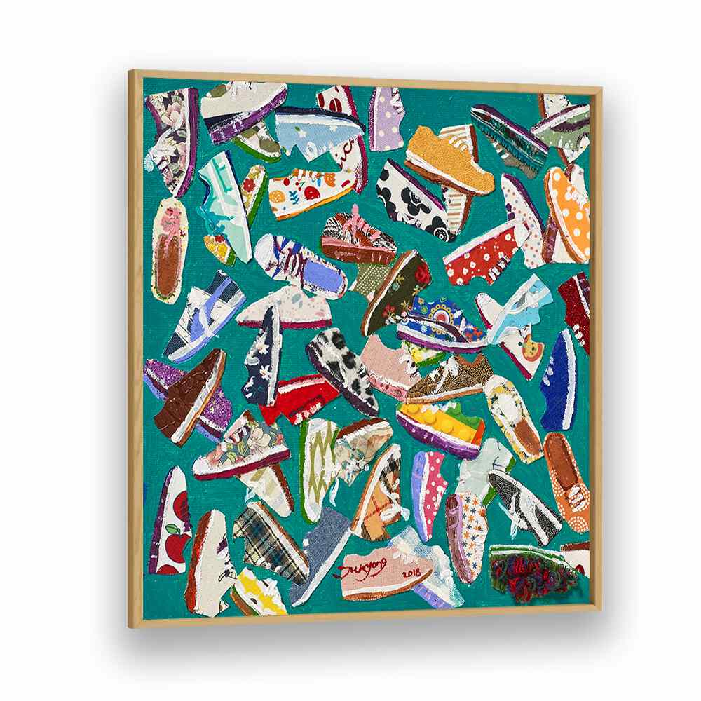 Colorful collage of eclectic shoes featured in SHOES, FASHION POSTERS for vibrant home decor at Oakwood.
