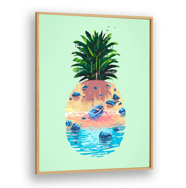 Vibrant PINEAPPLE ISLAND, BEACH PAINTINGS showcasing tropical vibes with a serene boat scene and lush greenery.