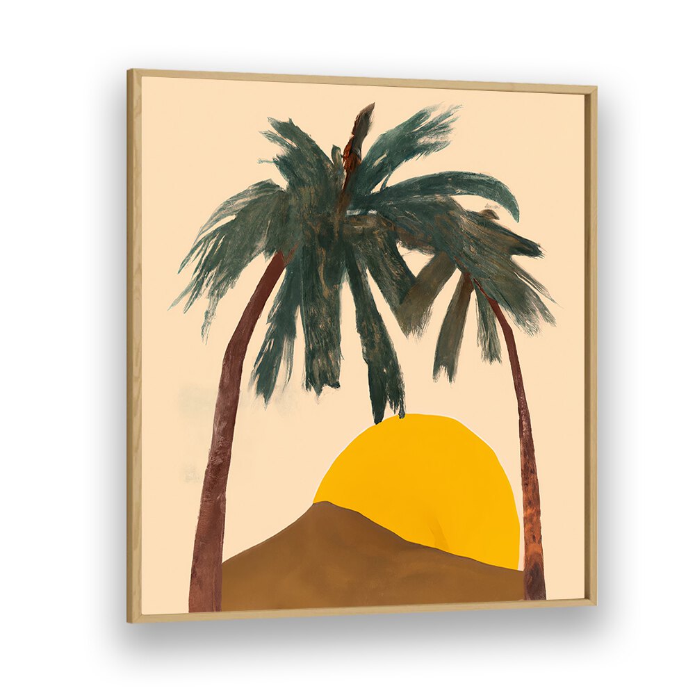 ARCHY PALMS, BEACH PAINTINGS featuring two palm trees with a yellow sun setting behind a hill in a wooden frame.