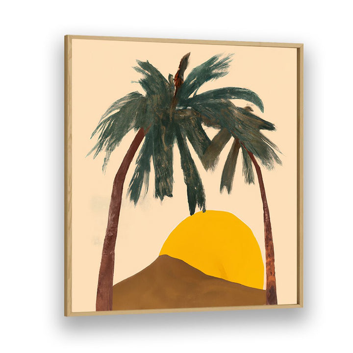 ARCHY PALMS, BEACH PAINTINGS featuring two palm trees with a yellow sun setting behind a hill in a wooden frame.