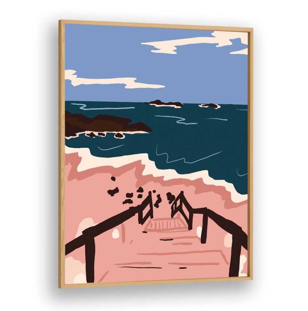 Serene OCEAN BLUES, LANDSCAPE PAINTINGS on a beach with steps leading to tranquil waters, perfect for home decor.