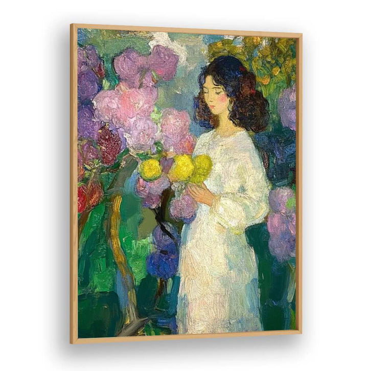 Enchanting GIRL IN THE GARDEN artwork, capturing nature's beauty and tranquility for a serene space.