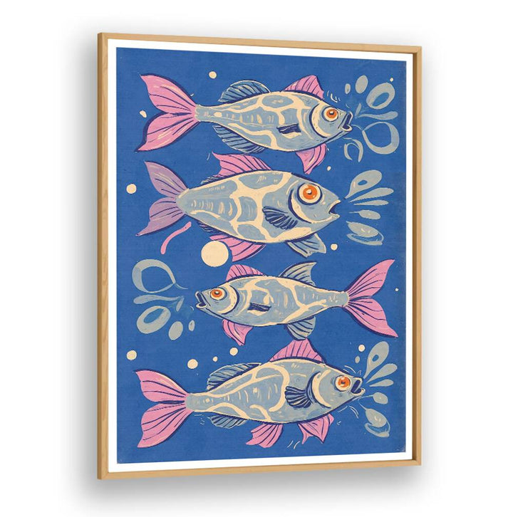 Colorful fish swim against a blue background in the OCEANIC LIFE - FISHES, BEACH PAINTINGS, perfect for coastal decor.