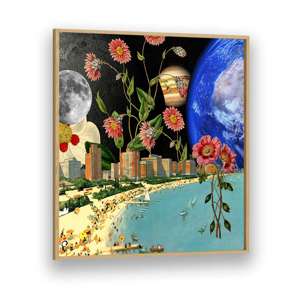 Surreal art print titled "BEACH WITH A VIEW," blending vibrant nature and cosmic elements for relaxation.