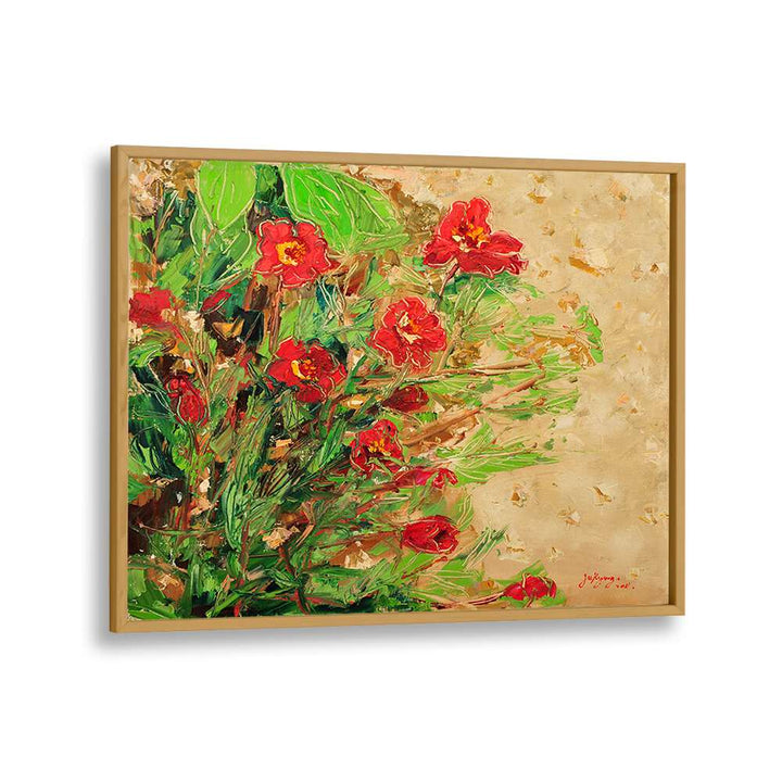 Vibrant MARIGOLD CANVAS III, FLORAL FLOWER PAINTINGS showcasing bright red flowers on a golden background. Perfect decor piece!