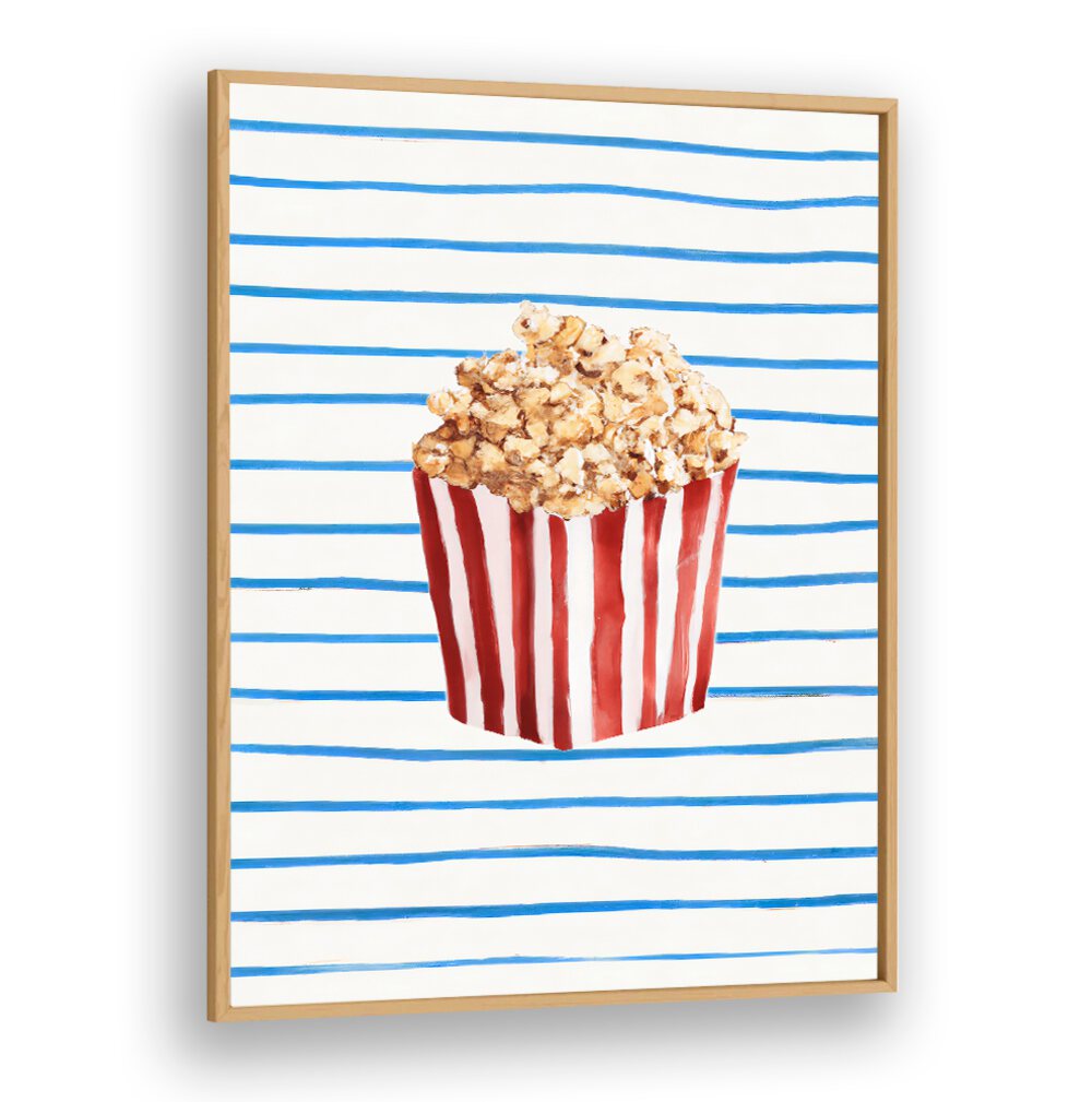 POPCORN TIME , BAR artwork featuring striped popcorn container on blue and white striped background by Oakwood Plain.