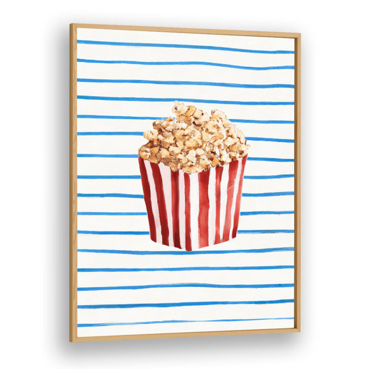 POPCORN TIME , BAR artwork featuring striped popcorn container on blue and white striped background by Oakwood Plain.