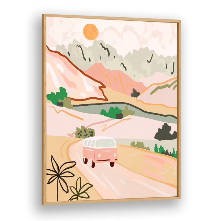 Vibrant PASTEL JOURNEY, LANDSCAPE PAINTINGS featuring a serene road scene with soft pastel hues and a vintage van.