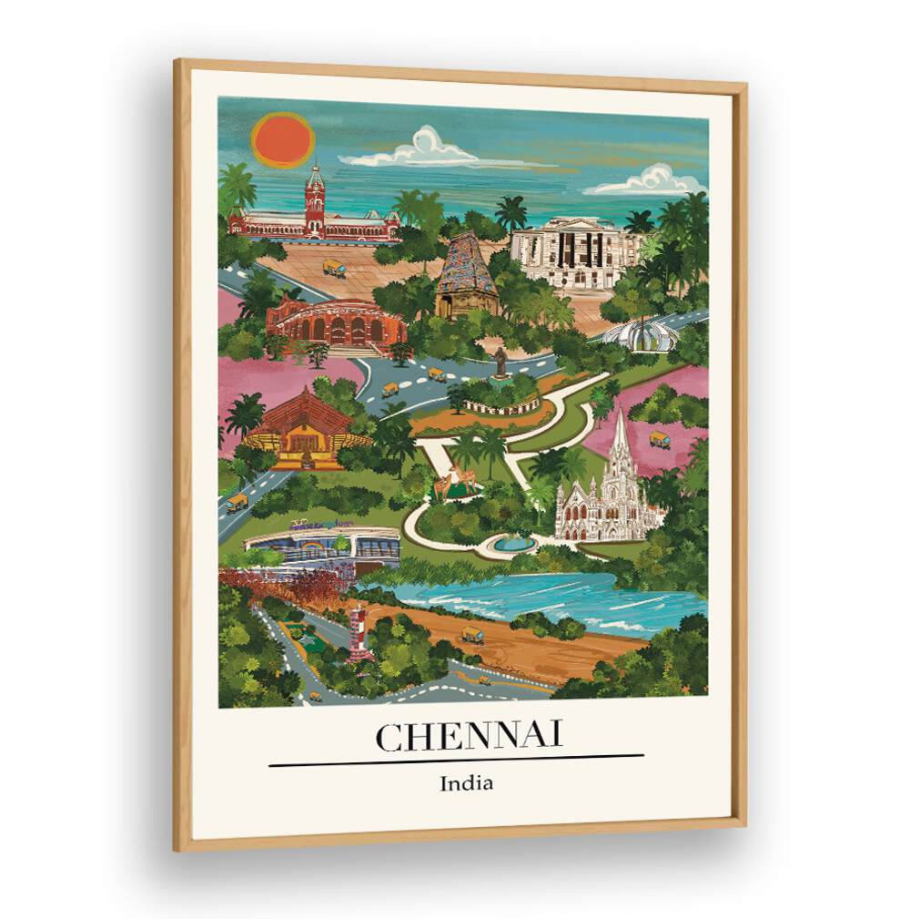 Chennai travel poster by Saumya Agarwal showcases the city's charm; perfect for art lovers and travelers. CHENAI, TRAVEL POSTERS.