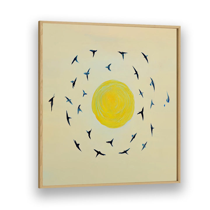 FLY AWAY WITH ME , KIDS ROOM PAINTINGS featuring birds flying around a yellow sun, perfect for imaginative kids’ rooms.