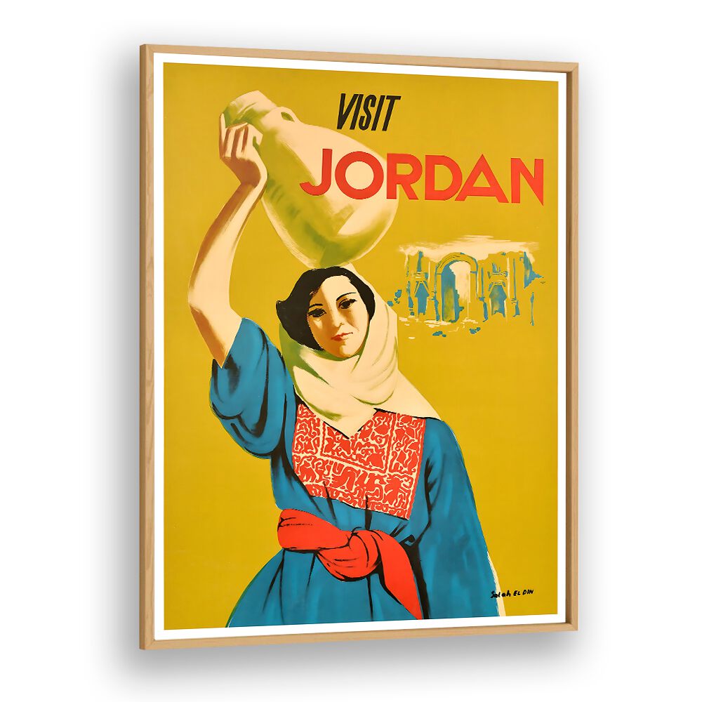 Colorful vintage travel poster featuring "VISIT JORDAN, VINTAGE TRAVEL POSTERS" showcasing Jordanian culture and heritage.