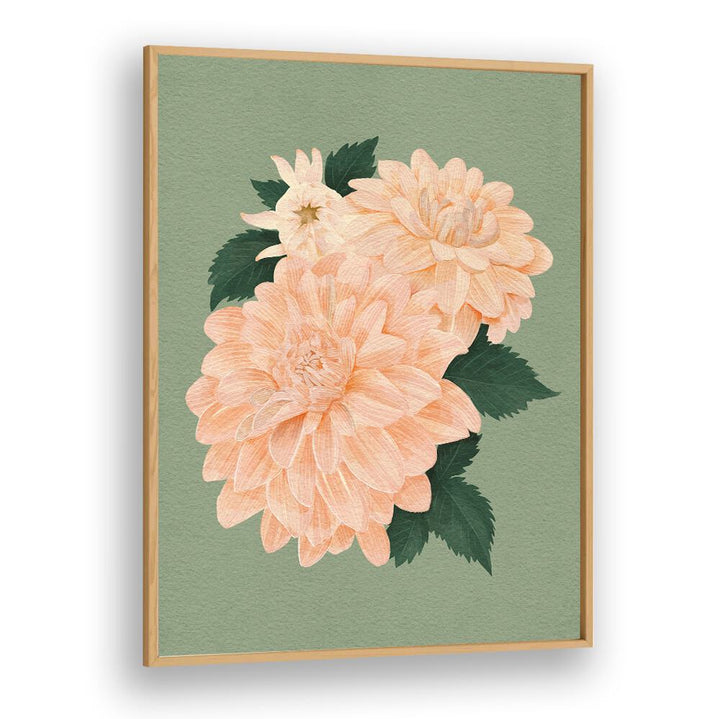 Elegant AQUAA CREAL CHIFFON II, FLORAL FLOWER PAINTINGS showcase soft peach blooms on a calming green background.