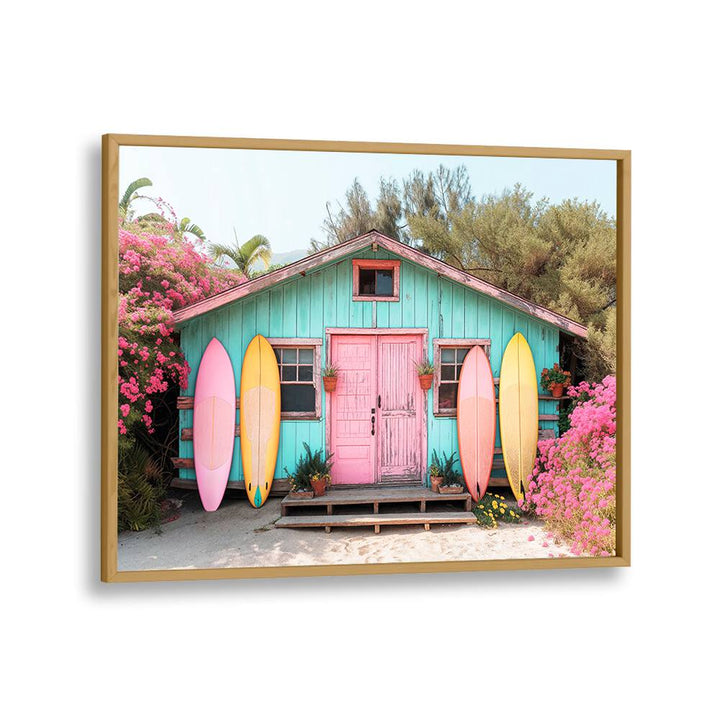 Vibrant PARADISE LOST, BEACH PAINTINGS featuring a colorful beach house surrounded by blooming flowers and surfboards.