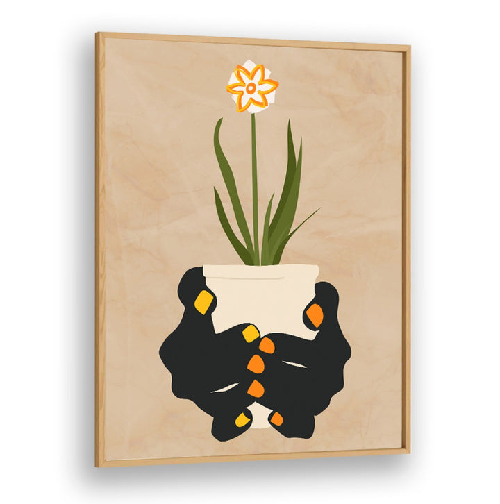 Holding Hope, floral flower paintings feature hands nurturing a potted flower, symbolizing resilience and positivity.