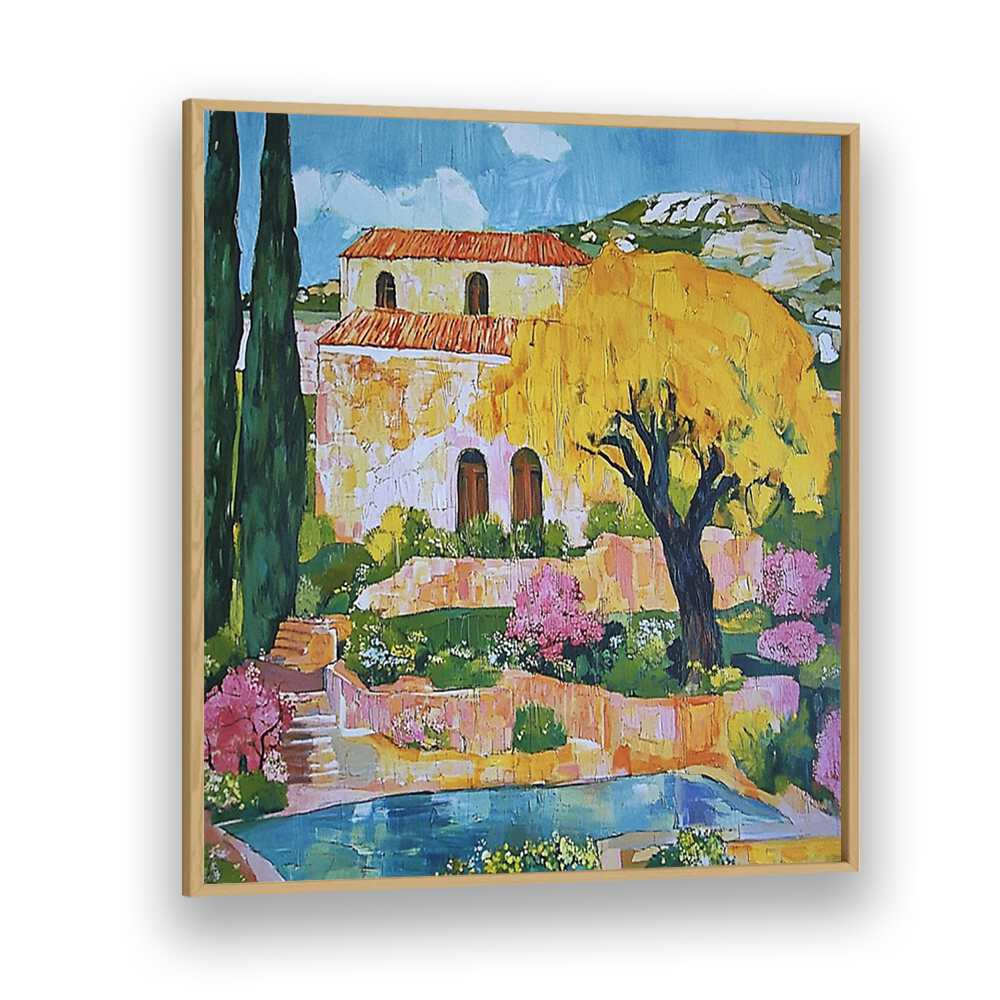 Vibrant artwork of a HOUSE BY THE POOL, capturing luxury living and serene outdoor elegance in a picturesque setting.