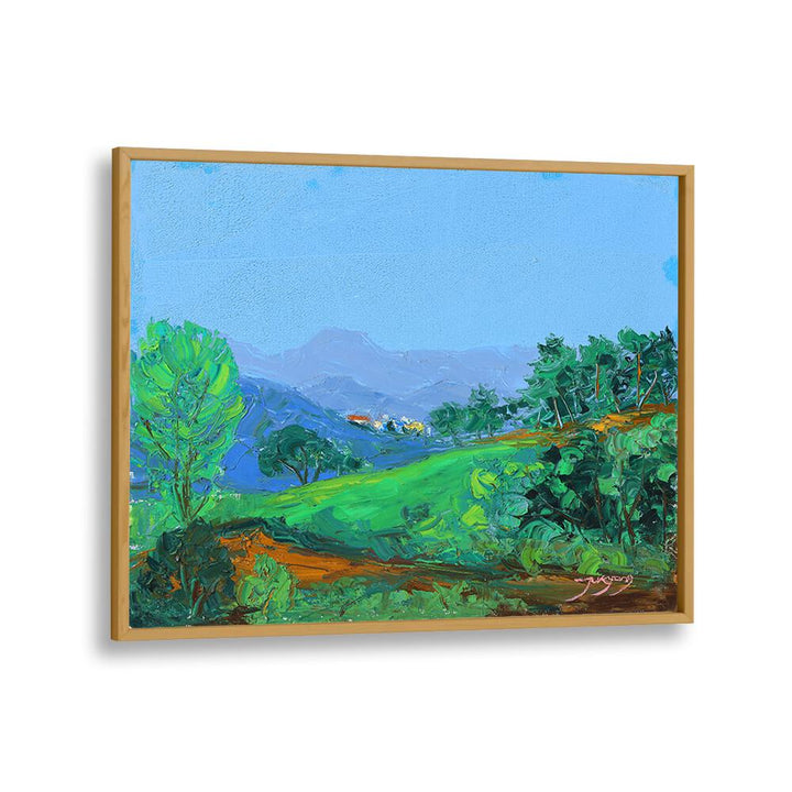 Vibrant GREEN HILLSIDE, LANDSCAPE PAINTINGS showcasing lush greenery and a serene blue sky, perfect for home decor.