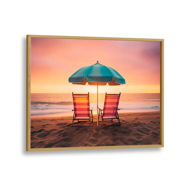 Two colorful chairs under a beach umbrella during a SUMMER SUNSET, capturing the essence of BEACH PAINTINGS elegance.