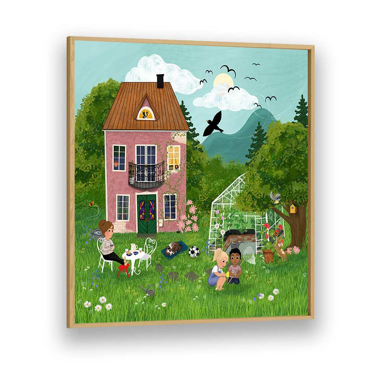 Vibrant SUMMERDAY IN THE GARDEN, KIDS ROOM PAINTINGS featuring playful children and a cozy home setting.