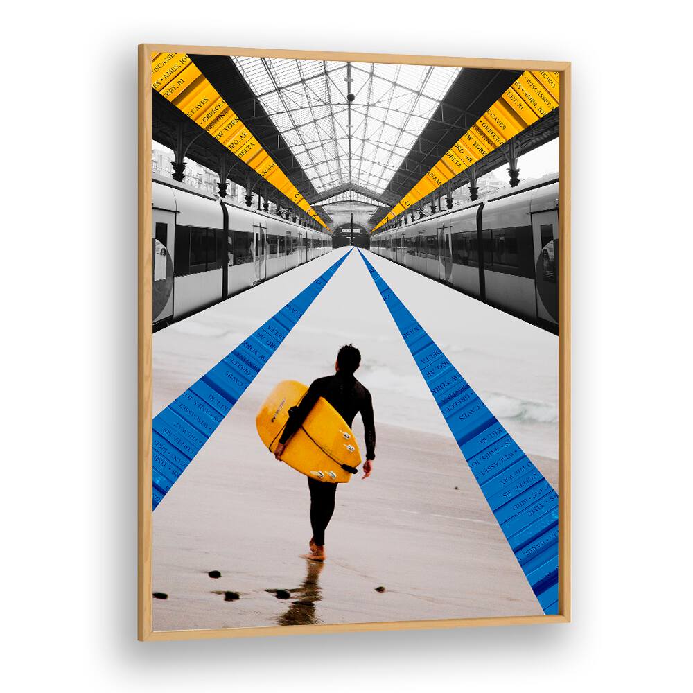 Surreal art print featuring a surfer in a vibrant train station, enhancing your space with METRO, SURREAL ART PRINTS.
