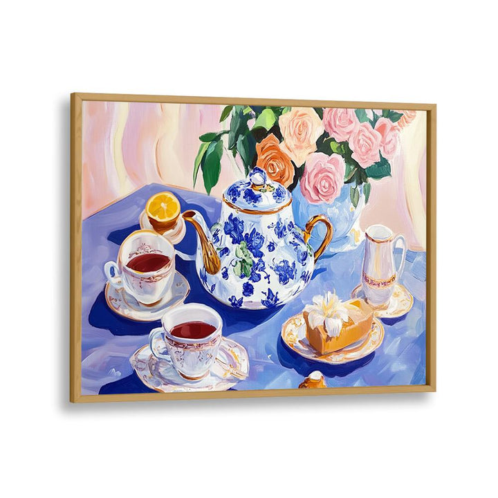Elegant AFTERNOON TEA TABLE, KITCHEN POSTERS display vibrant tea set and floral accents, perfect for enhancing gatherings.