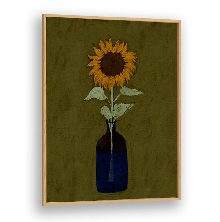 Bright sunflower in a blue vase on a textured green background, perfect for RADIANT VIEW, KITCHEN POSTERS decor.