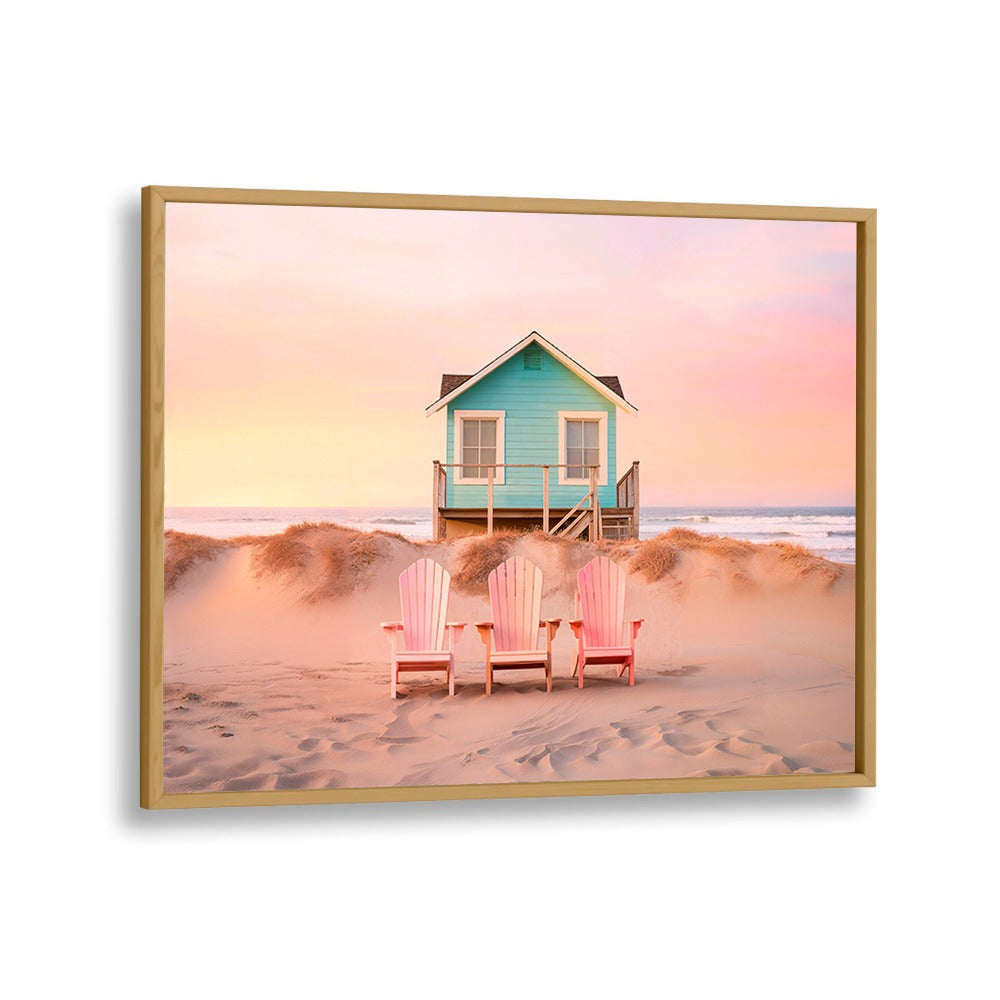 Pastel Beach painting featuring a serene beach house and colorful chairs, perfect for tranquil home decor.
