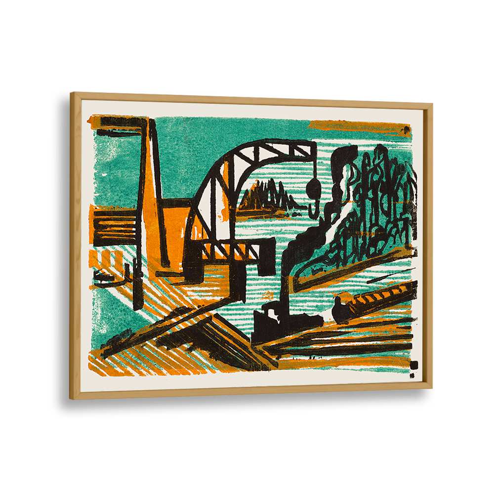 RIVER LANDSCAPE WITH CRANE AND BARGES (1927)  , VINTAGE PAINTINGS