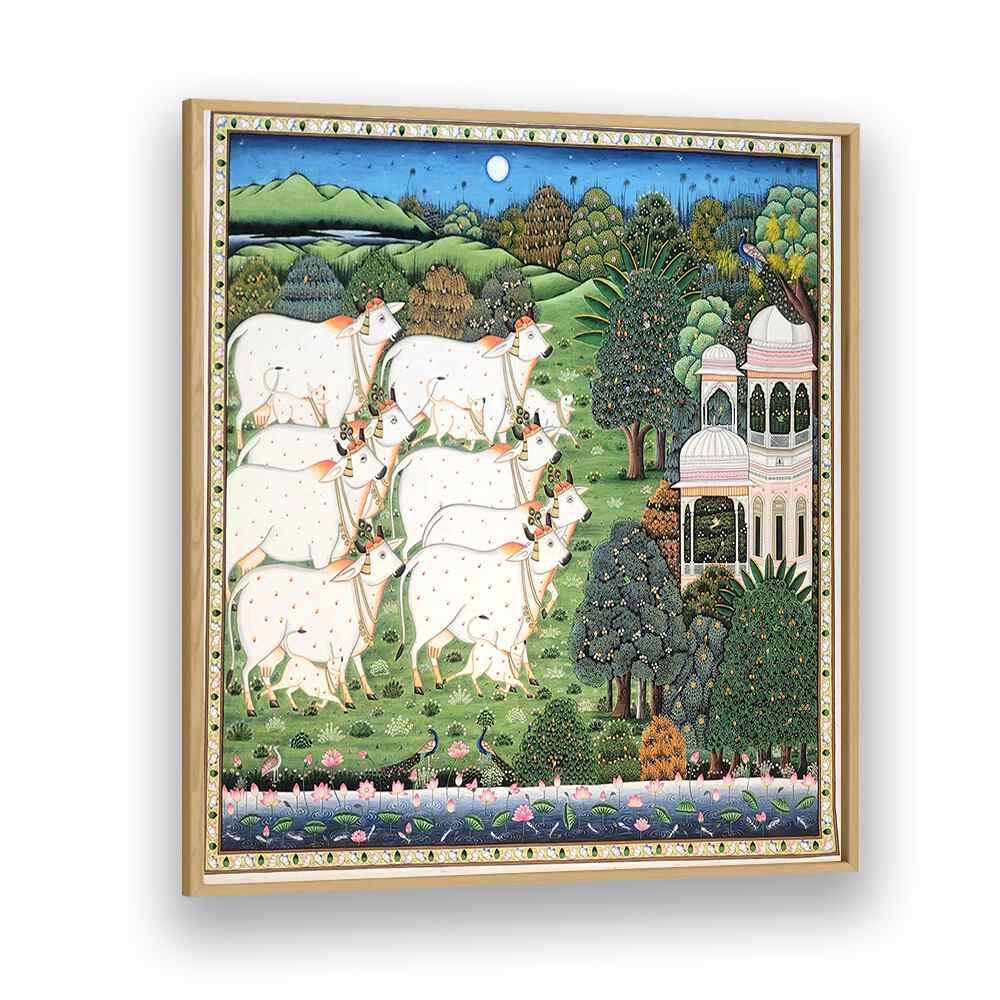 COW AND CALF PICHWAI, INDIAN ART PAINTINGS showcase vibrant rural life through exquisite hand-painted artistry.