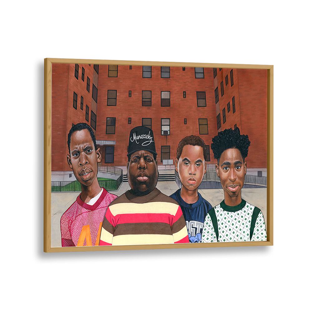 BOYZ IN THE HOOD, AFRICAN ART PAINTINGS depicting iconic hip hop legends in an urban setting, celebrating culture and style.