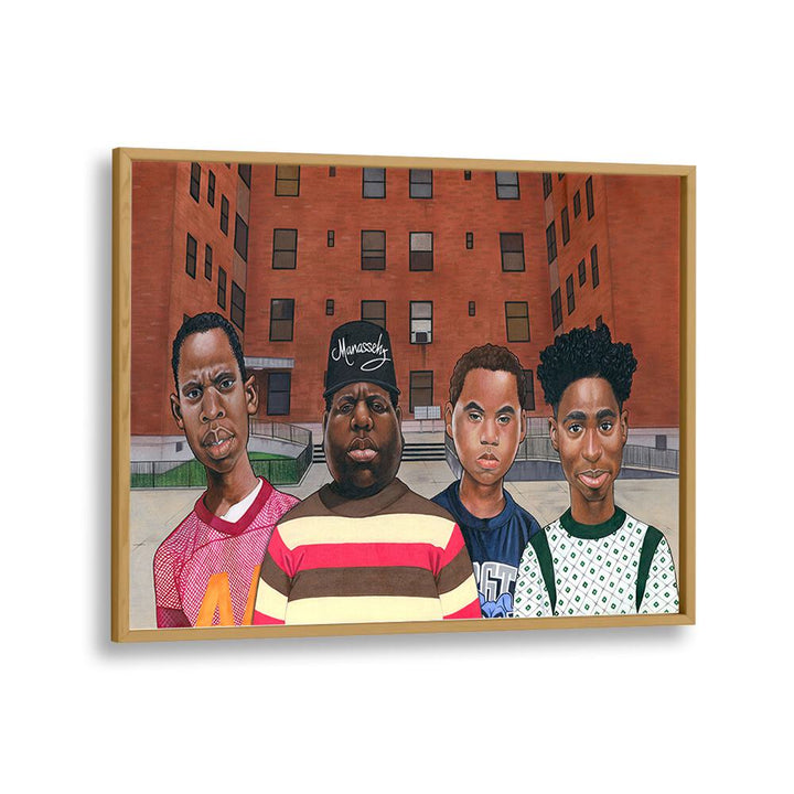 BOYZ IN THE HOOD, AFRICAN ART PAINTINGS depicting iconic hip hop legends in an urban setting, celebrating culture and style.
