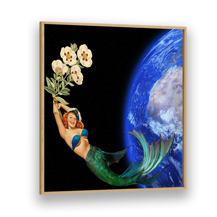 Mermaid gracefully swings with flowers against Earth, showcasing the enchanting SWIMMING AWAY, SURREAL ART PRINTS.