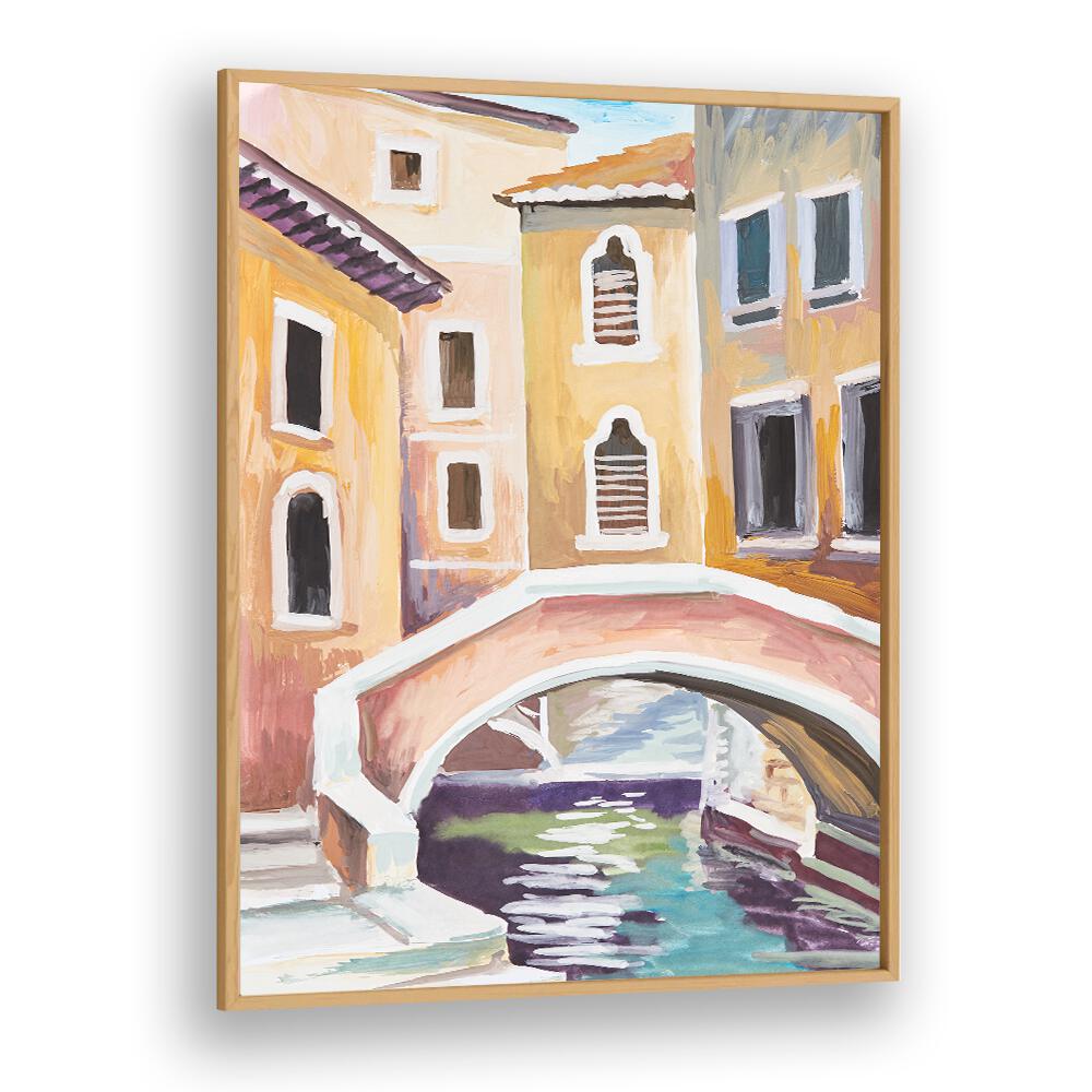 Gondolas and Arches Vintage European Paintings in Oak Wood Plain Frame