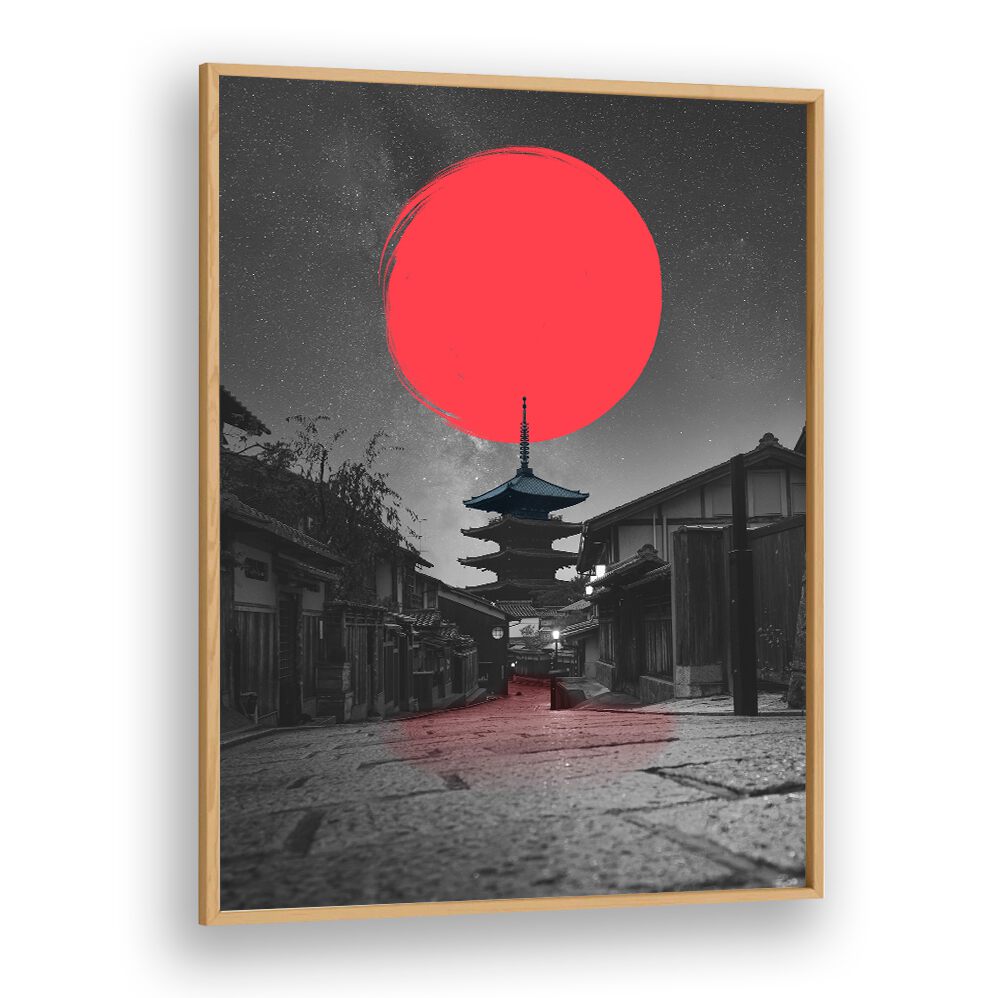 LONELY TEMPLE, JAPANESE PAINTINGS showcases a serene temple silhouette against a vibrant red sun, perfect for home decor.