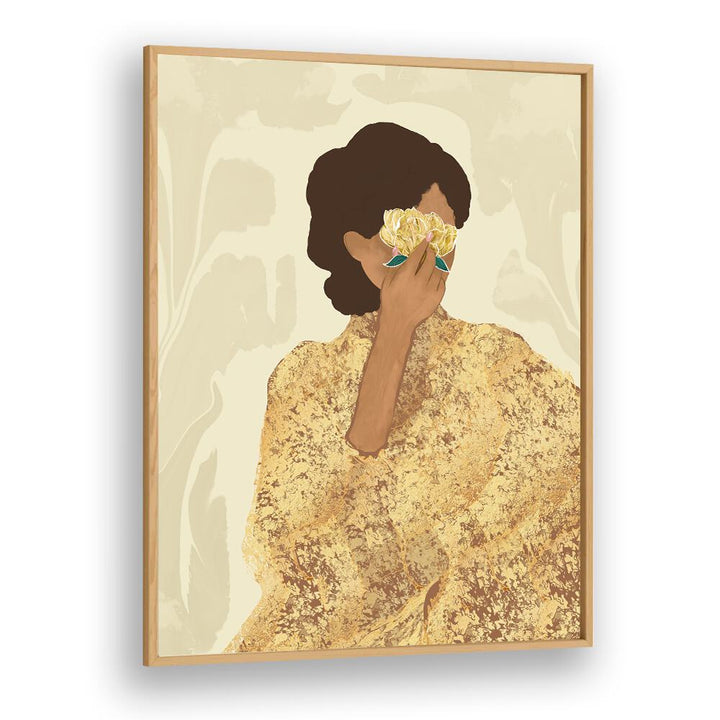 Stunning WOMAN WITH GOLD PEONY, PORTRAITS artwork showcasing divine femininity and spiritual beauty in golden hues.