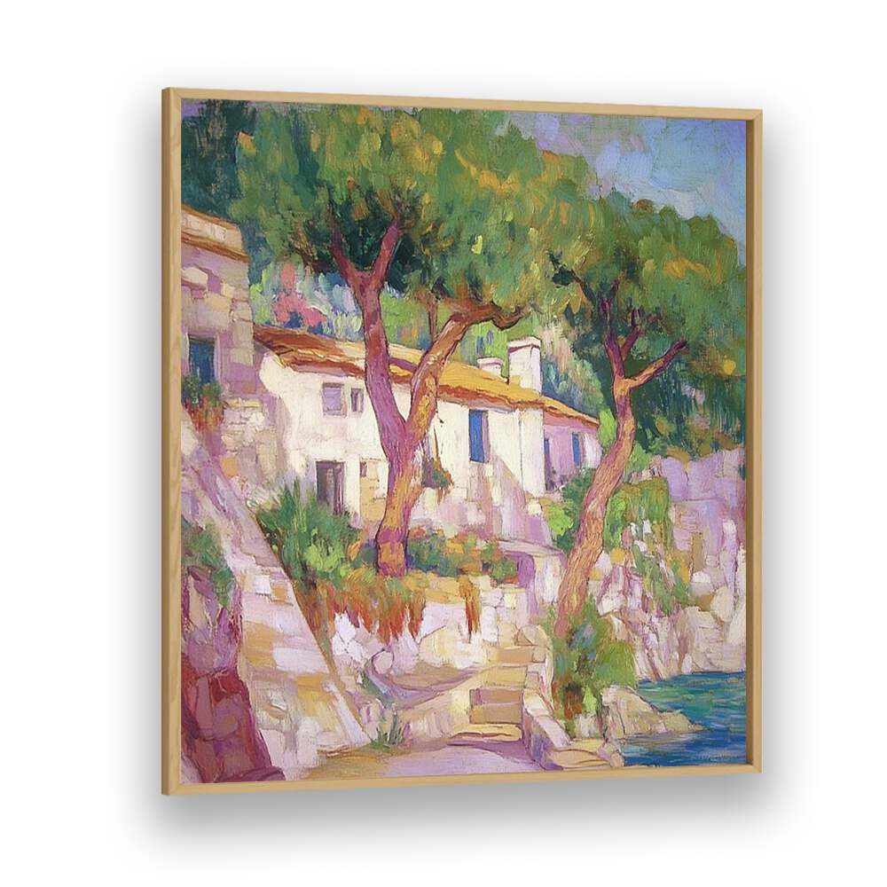 Colorful artwork depicting the HOUSE BY THE SEA, capturing the essence of coastal tranquility and timeless architecture.
