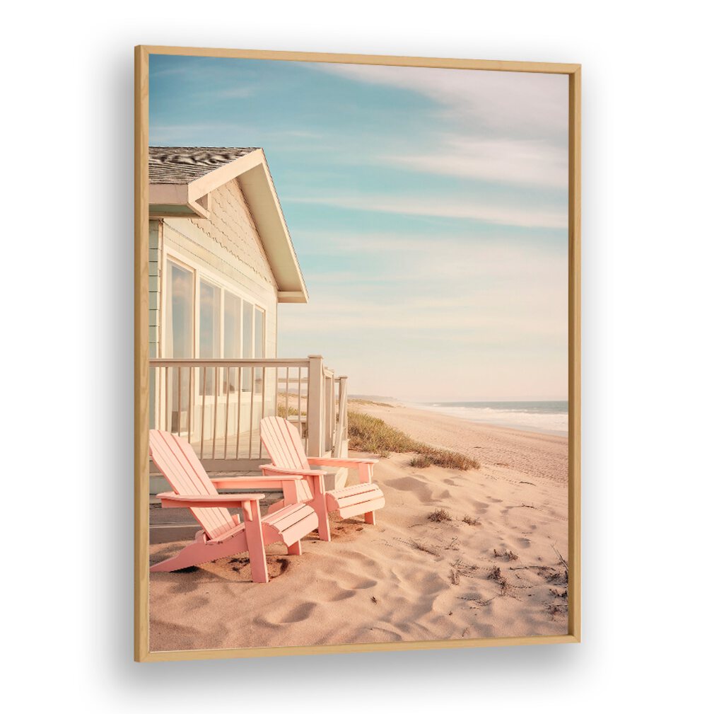 Serene coastal scene with pink chairs, a perfect example of ALONG THE BEACH, BEACH PAINTINGS for your home decor.