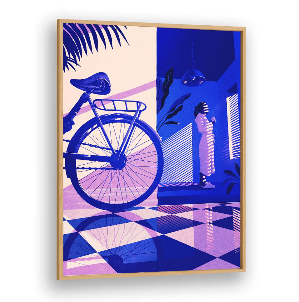 Vibrant REFLECTION, SURREAL ART PRINTS featuring a bicycle and a figure, perfect for enhancing your living space.