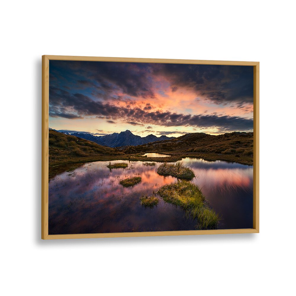 Stunning sunrise over a serene landscape reflecting in water, perfect for MORNING ILLUSION, PHOTOGRAPHY PRINTS decor.