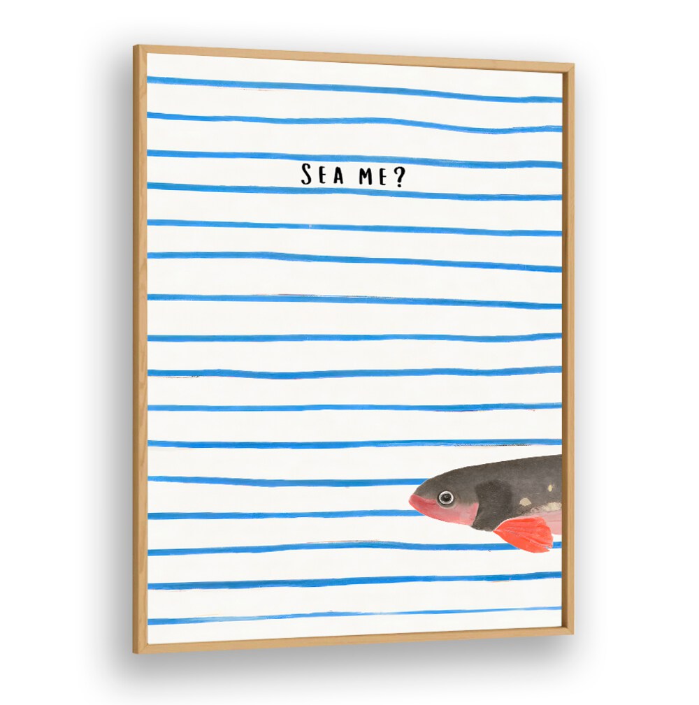 SEA ME, BEACH PAINTINGS artwork with blue stripes and fish detail, capturing coastal charm by Oakwood Plain.