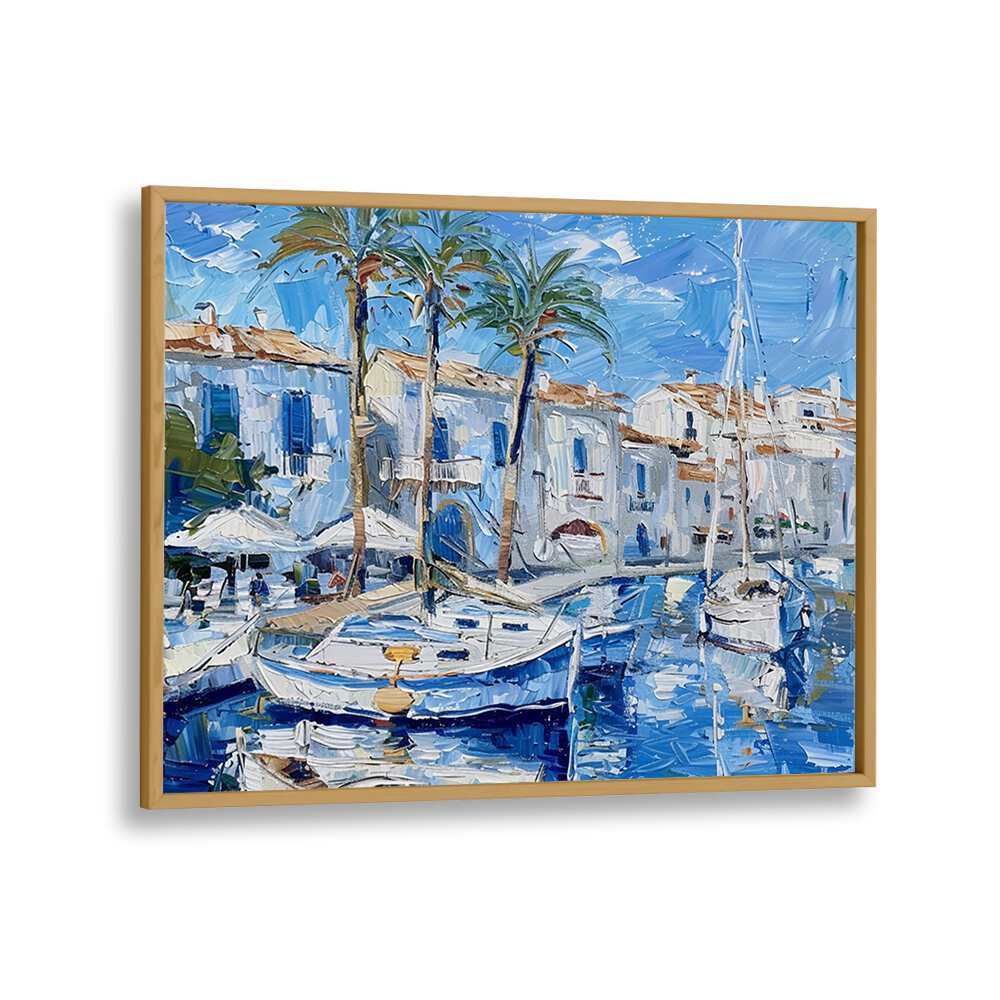 Vibrant artwork titled BOATS IN THE HARBOR, showcasing serene maritime beauty and tranquility for home decor.