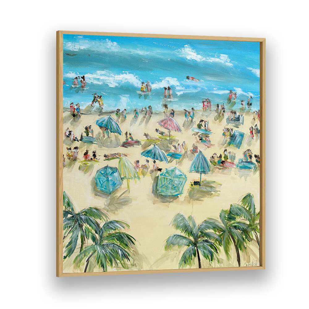 Vibrant beach scene featuring umbrellas and palm trees, showcasing BEACHSIDE BLISS, BEACH PAINTINGS for coastal decor.