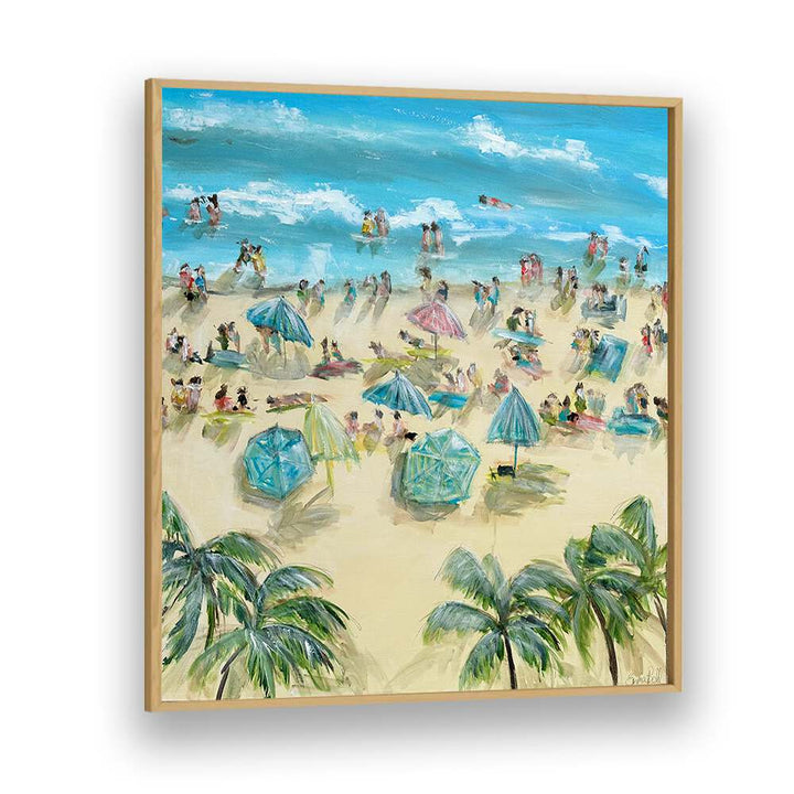 Vibrant beach scene featuring umbrellas and palm trees, showcasing BEACHSIDE BLISS, BEACH PAINTINGS for coastal decor.