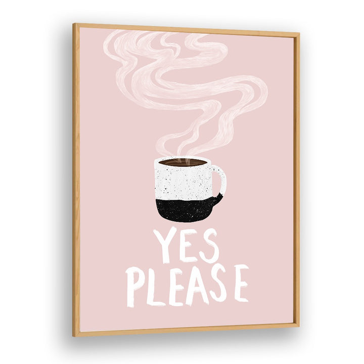 Art print featuring a coffee mug with steam, titled "YES PLEASE, BAR & CAFE ART," perfect for coffee lovers.